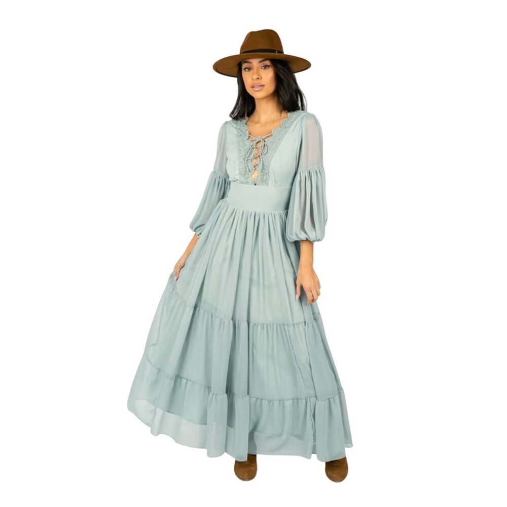 Joyfolie Eileen Dress Sea Mist Tiered Maxi With Lace-Up Front & Sheer Sleeves‎ M